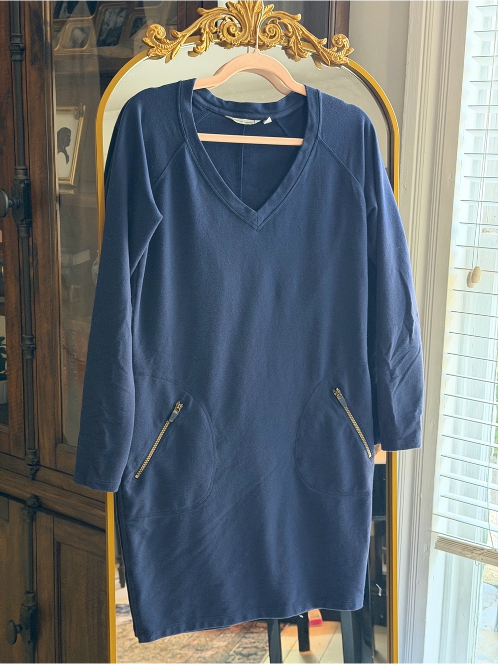 Athleta Navy Long-Sleeve V-Neck Sweatshirt Dress with Zip Pockets